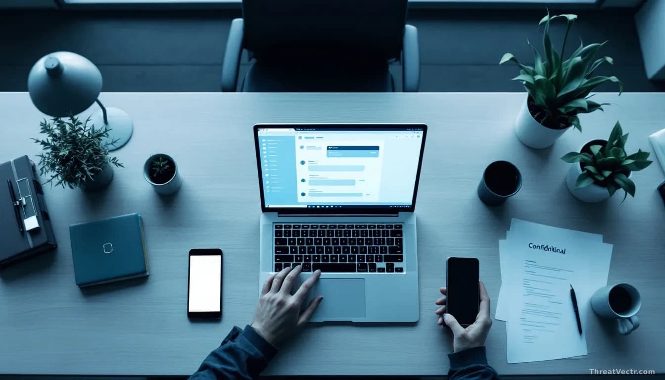 Overhead editorial photograph of a modern open-plan office desk, 16:9 framing, full frame edge to edge, soft natural window light, a laptop screen glowing with 