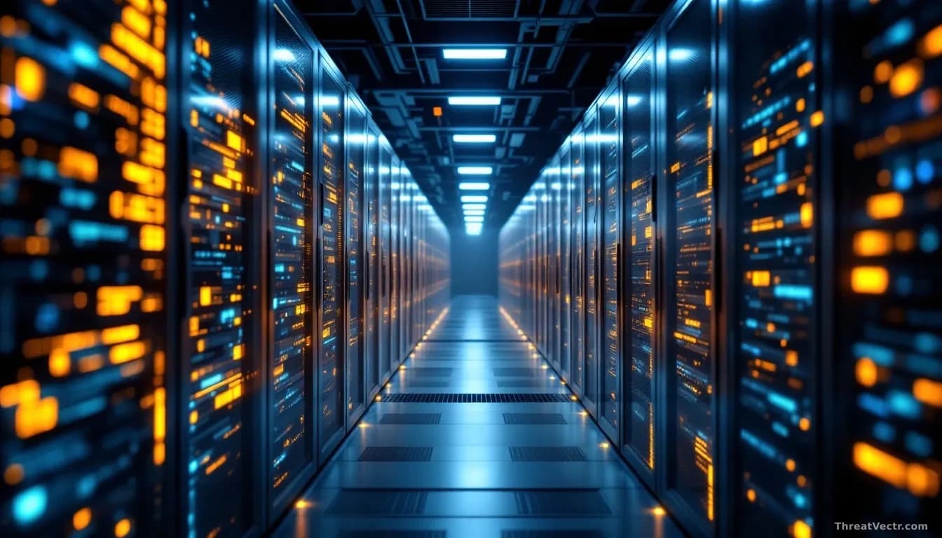 A modern data center with rows of servers and digital data streams flowing between them, representing the concept of data management in cybersecurity
