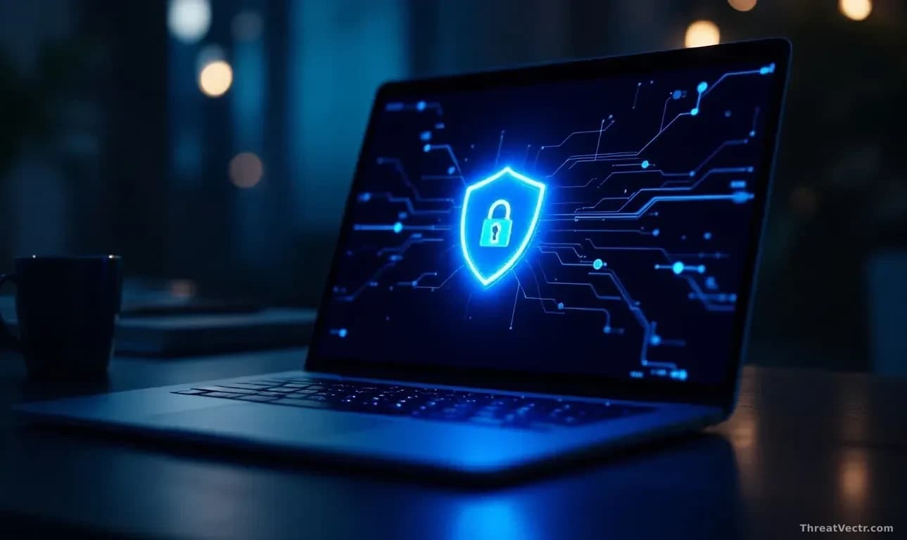 Full-frame photoreal editorial image of a close-up Windows laptop screen showing a generic blue security shield icon glowing, with faint reflection on a dark de