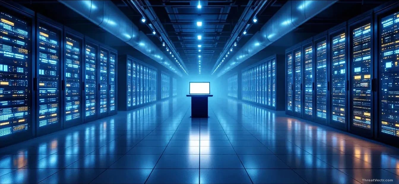 Photoreal news-editorial 16:9 image: a vast, dimly lit enterprise server room with rows of glowing rack-mounted servers extending into the distance, blue and wh
