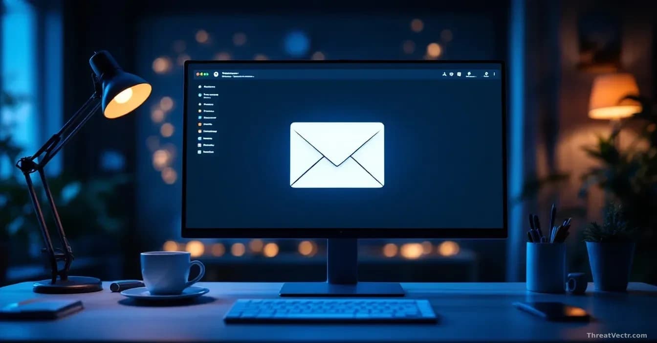 Full-frame photoreal editorial shot of a modern office desk at dusk with a large monitor showing a generic minimalist webmail interface fading into a blurred ri