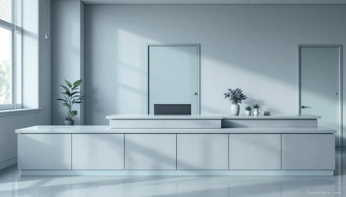 Full-frame edge-to-edge photoreal editorial shot of an empty modern office reception desk with a single unmarked intake tray and a locked glass door behind it, 