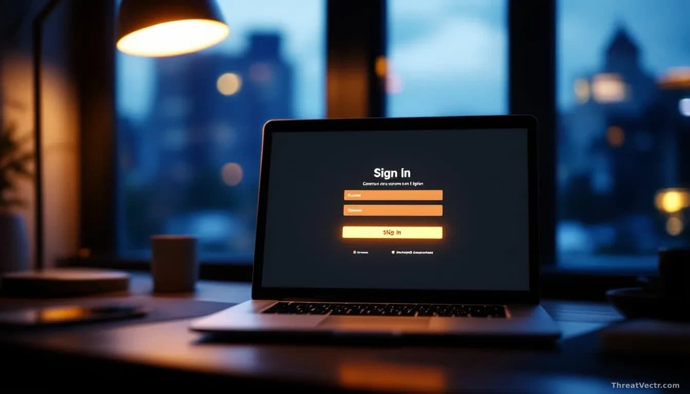 Full-frame photoreal editorial shot of an anonymous office desk at dusk, a laptop screen glowing with an out-of-focus generic corporate sign-in page, a single s
