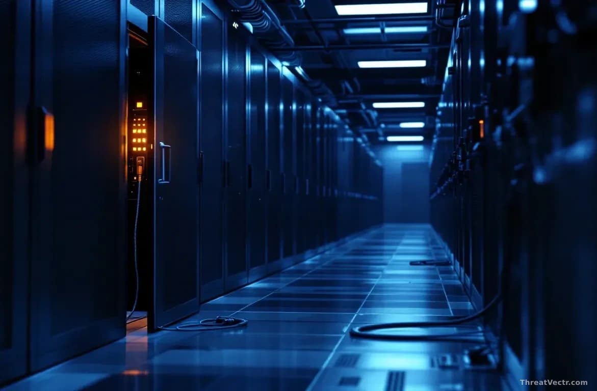 A photoreal editorial shot of a dimly lit server room aisle, one rack door left slightly ajar with a single amber warning light glowing inside, cables neatly bu