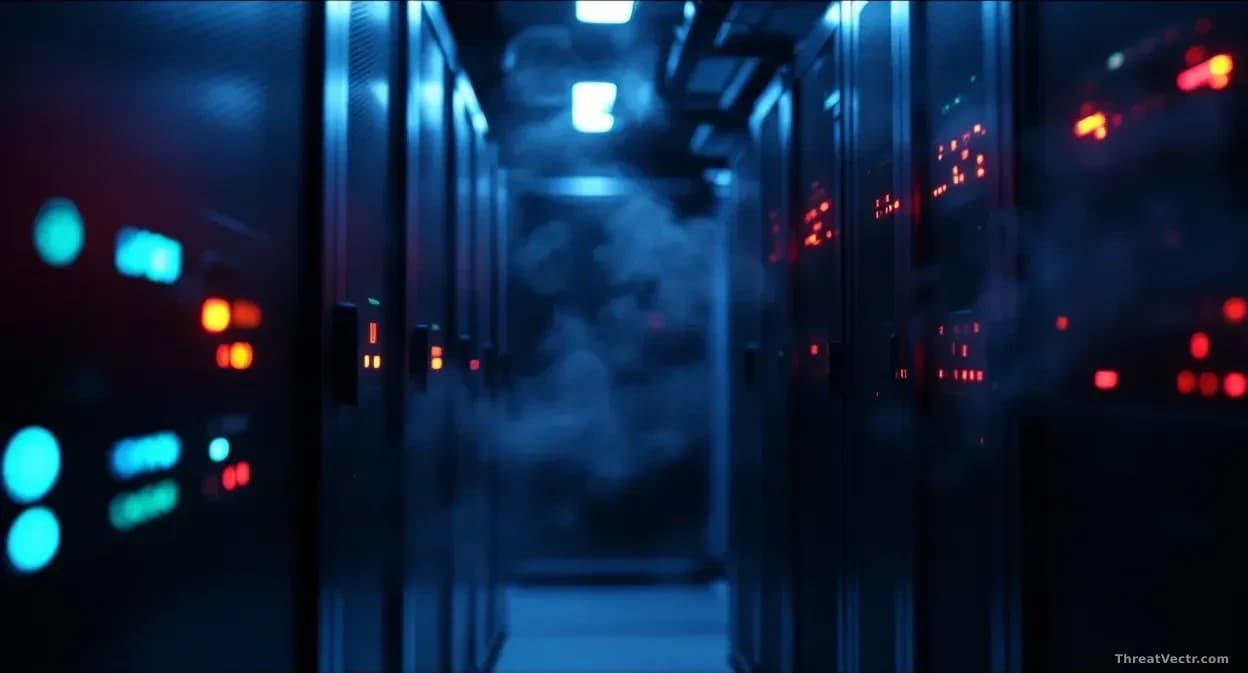 Full-frame photoreal editorial shot of a dark server room with a single rack unit pulled forward, its indicator lights glowing red instead of green, faint smoke
