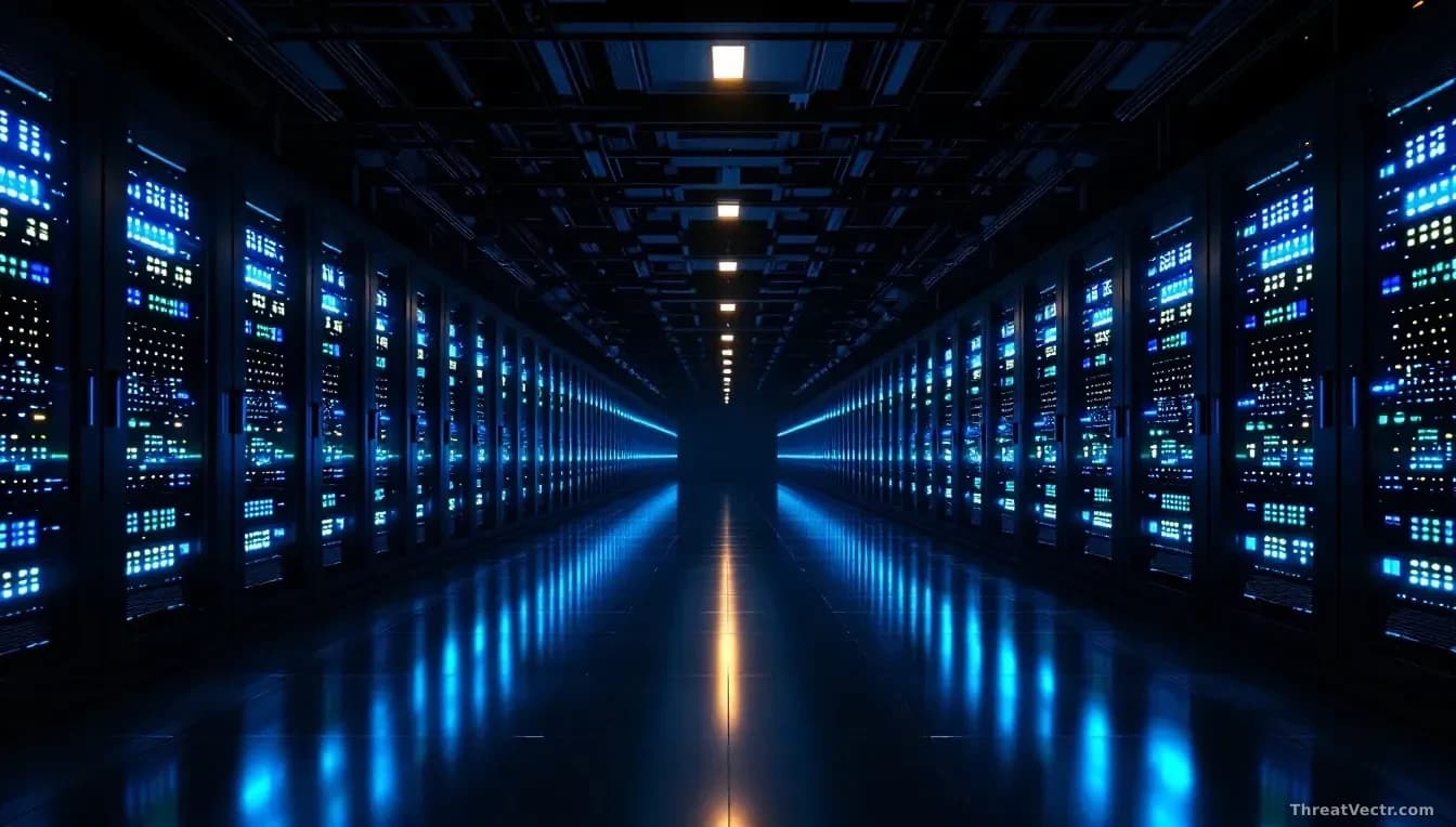 A dimly lit server room at night, rows of glowing blue and green indicator lights on rack-mounted hardware stretching into the distance, empty operator chairs i