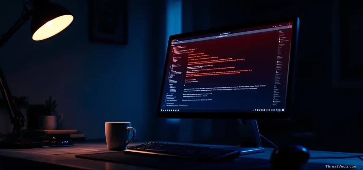 Photoreal news-editorial image, full frame 16:9, of an abandoned open source developer workstation at night: dark room, glowing monitor showing a terminal with 