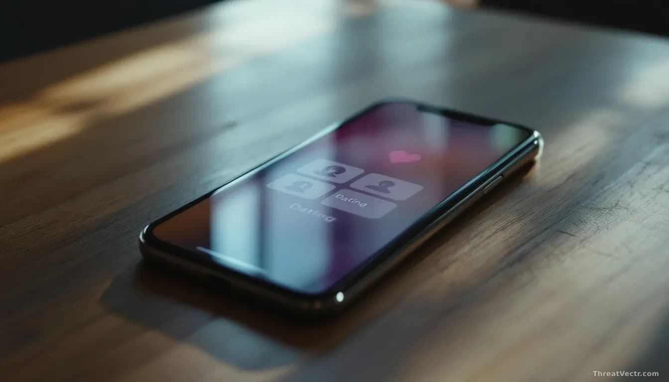A close-up, editorial-style photograph of a modern smartphone lying face-up on a wooden table, its screen showing a generic dating app interface with blurred pr
