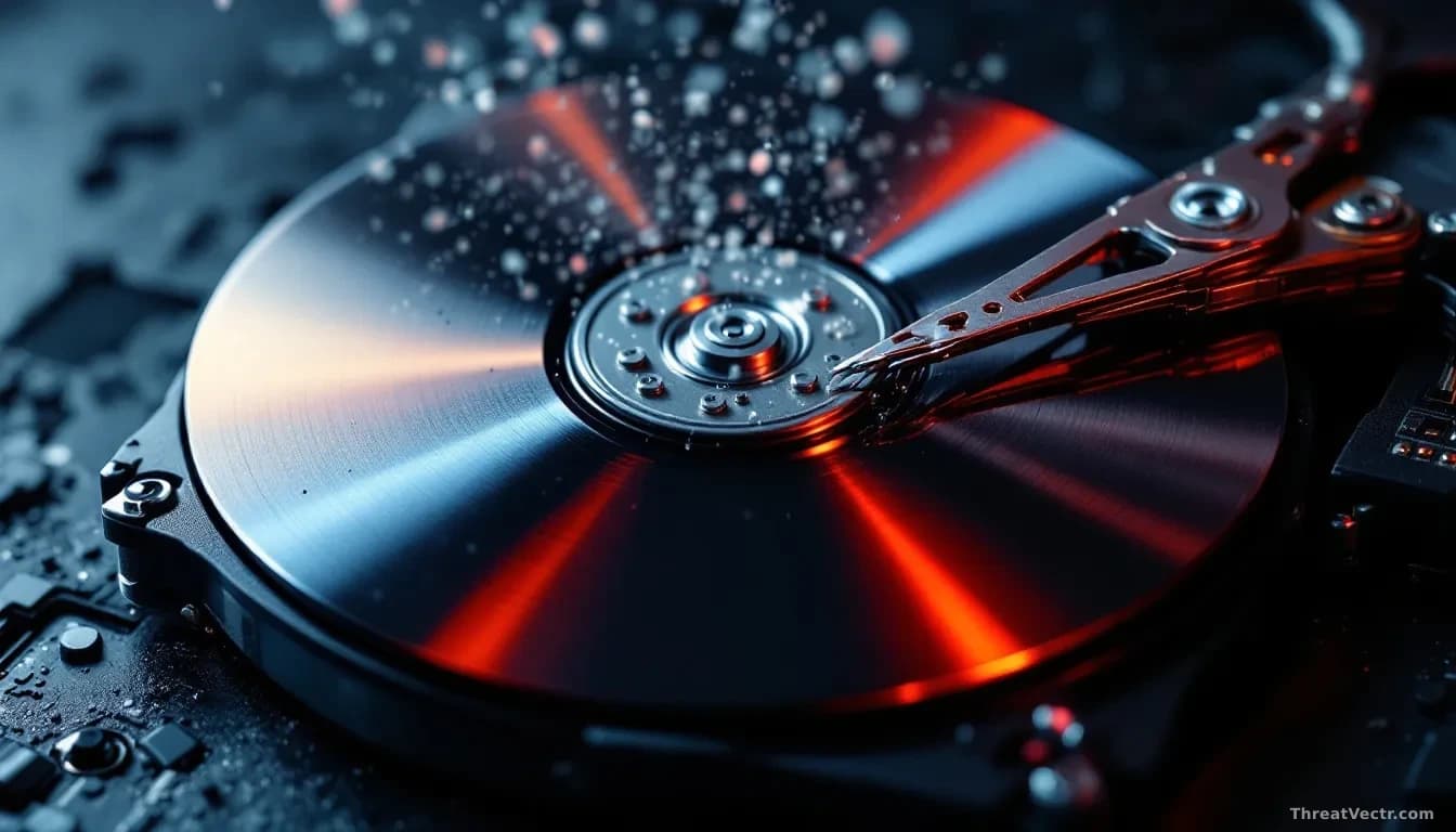 A close-up overhead shot of a hard drive with its metal casing partially open, the magnetic platters reflecting a deep red light