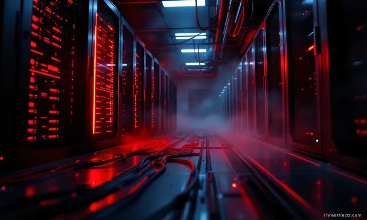 Photoreal news-editorial image of a dim server room with a single rack illuminated in red emergency lighting, cables neatly running along the floor, subtle haze