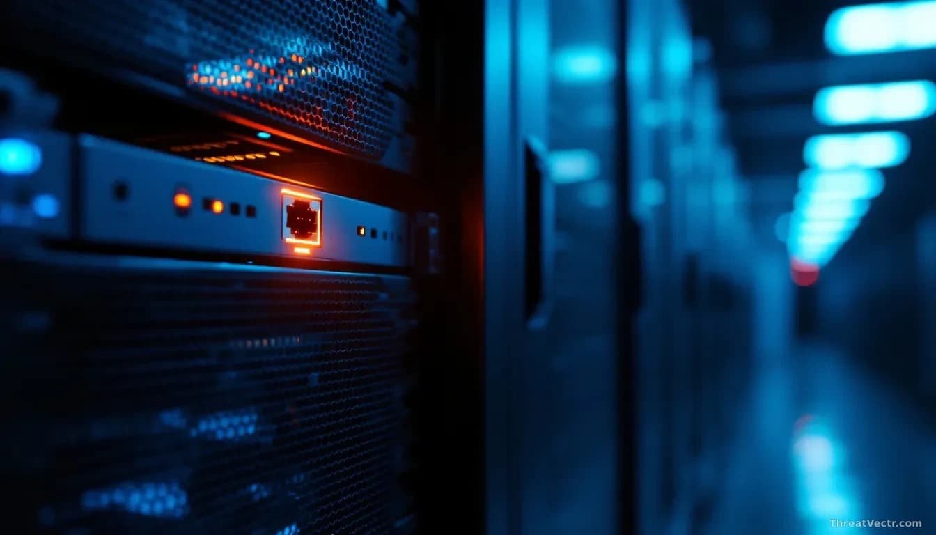 Full-frame 16:9 photoreal news-editorial shot of a dimly lit server rack in a data centre, one server unit glowing with an unusually bright open port indicator,