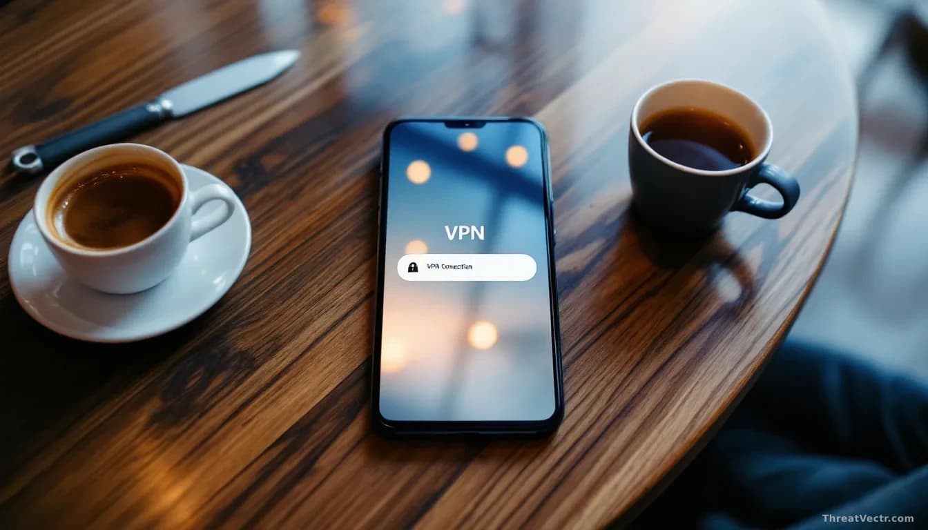 Full-frame overhead photoreal shot of an Android smartphone on a wooden cafe table, screen glowing with a generic VPN connection interface, faint reflection of 