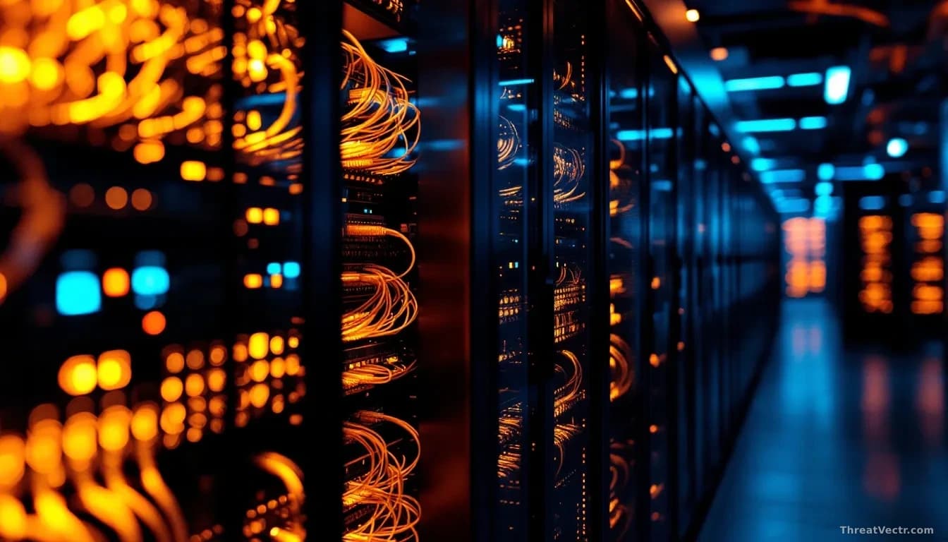 Photoreal news-editorial image, full frame 16:9, of a dimly lit modern server room with rows of glowing cabinets, one open rack showing a dense tangle of ethern