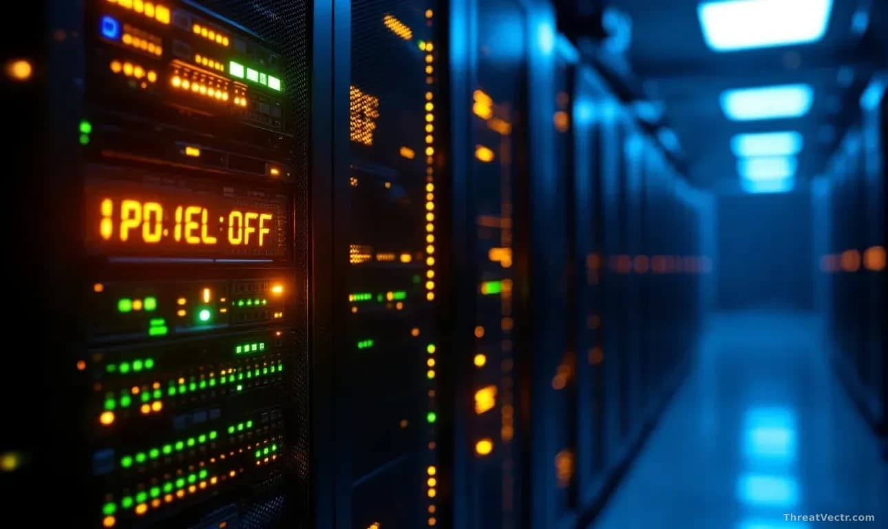 Photoreal editorial image, 16:9, full-frame edge to edge, of a dim server room with one rack unit powered off, its status lights dark while surrounding units gl