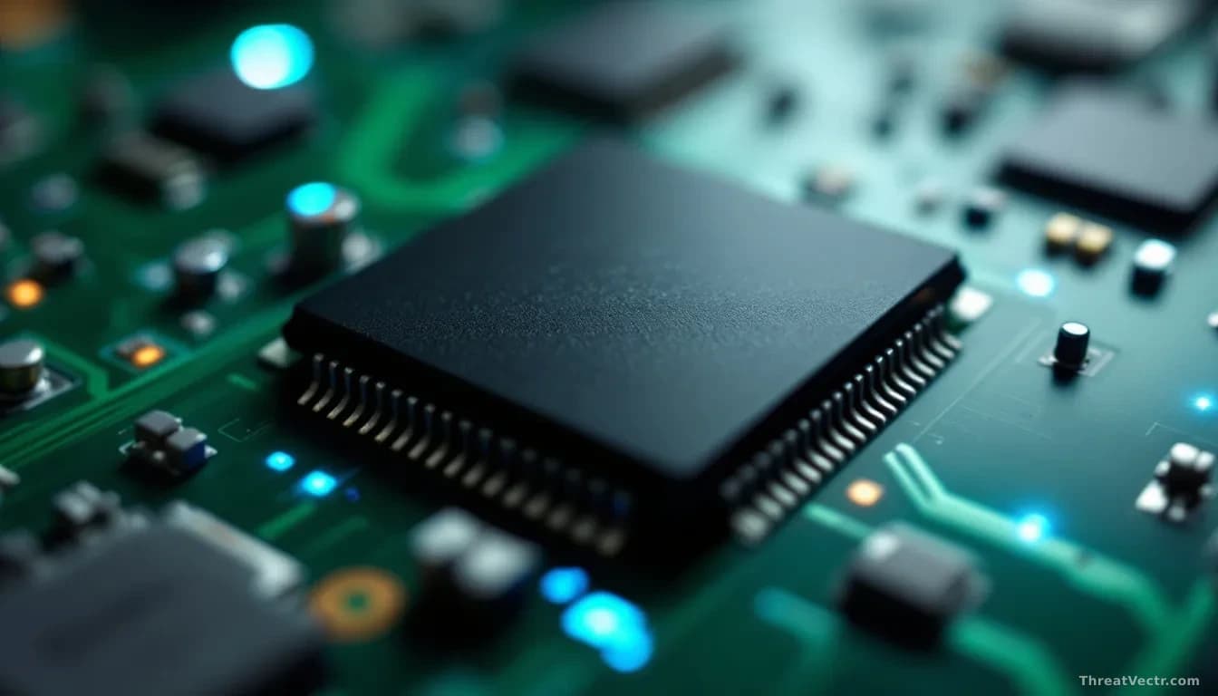 Full-frame edge-to-edge photoreal close-up of a green circuit board with a prominent black memory chip in sharp focus, faint blue LED glow, subtle reflection on