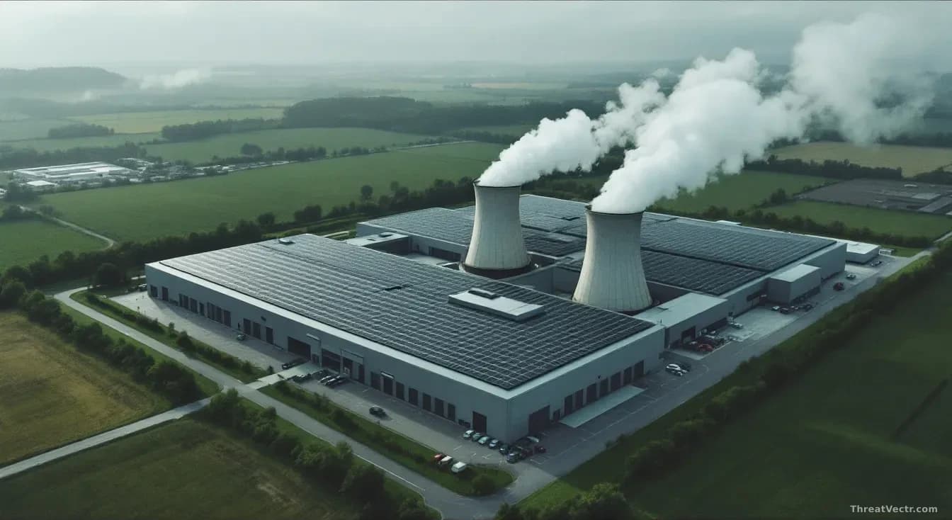 Aerial 16:9 editorial photograph of a vast grey data centre complex surrounded by green farmland, cooling towers releasing white steam into a pale overcast sky,