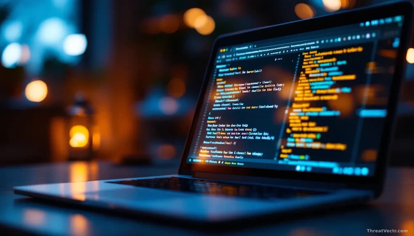 Photoreal editorial shot of a laptop screen glowing in a dim office, showing a generic webmail inbox interface with one email highlighted, faint reflection of c