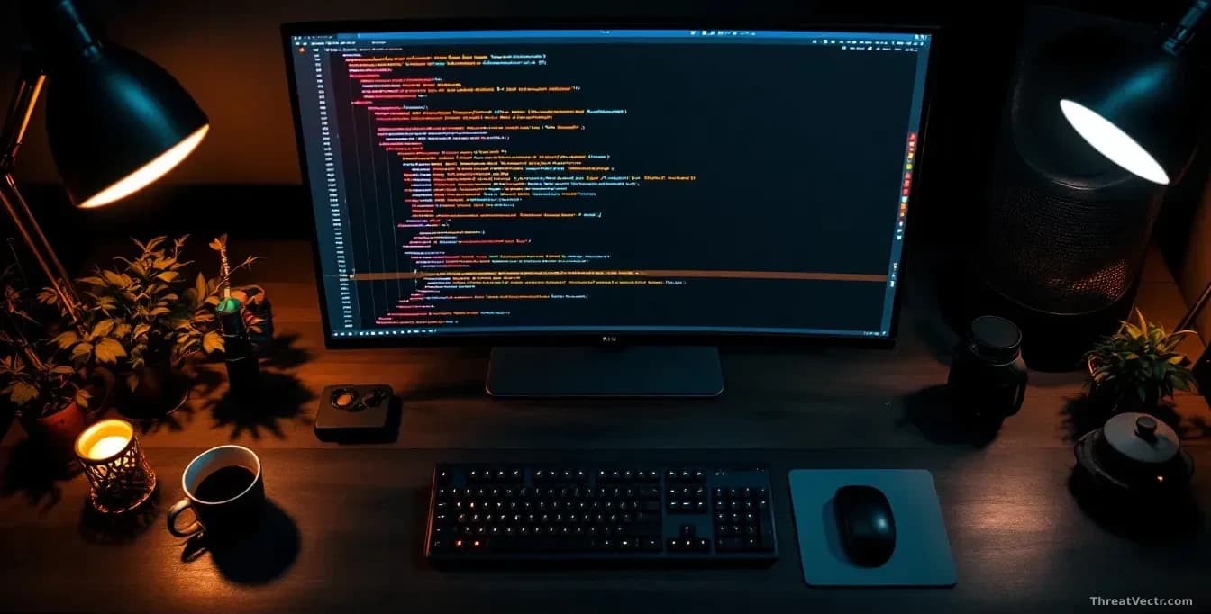 Full frame overhead view of a developer's dark wooden desk lit by warm lamp light, a large monitor showing colourful lines of source code with a single PNG thum