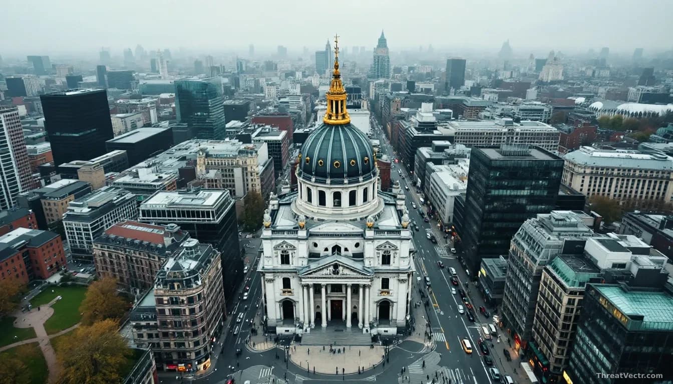 Aerial 16:9 editorial photograph of the Bank of England building in the City of London, shot from directly above at midday, surrounded by dense financial distri