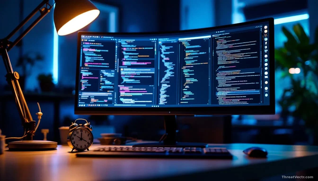 Photoreal editorial shot of a modern developer workstation at night, glowing monitor filled with abstract flowing chat interface panels and code blocks, a small