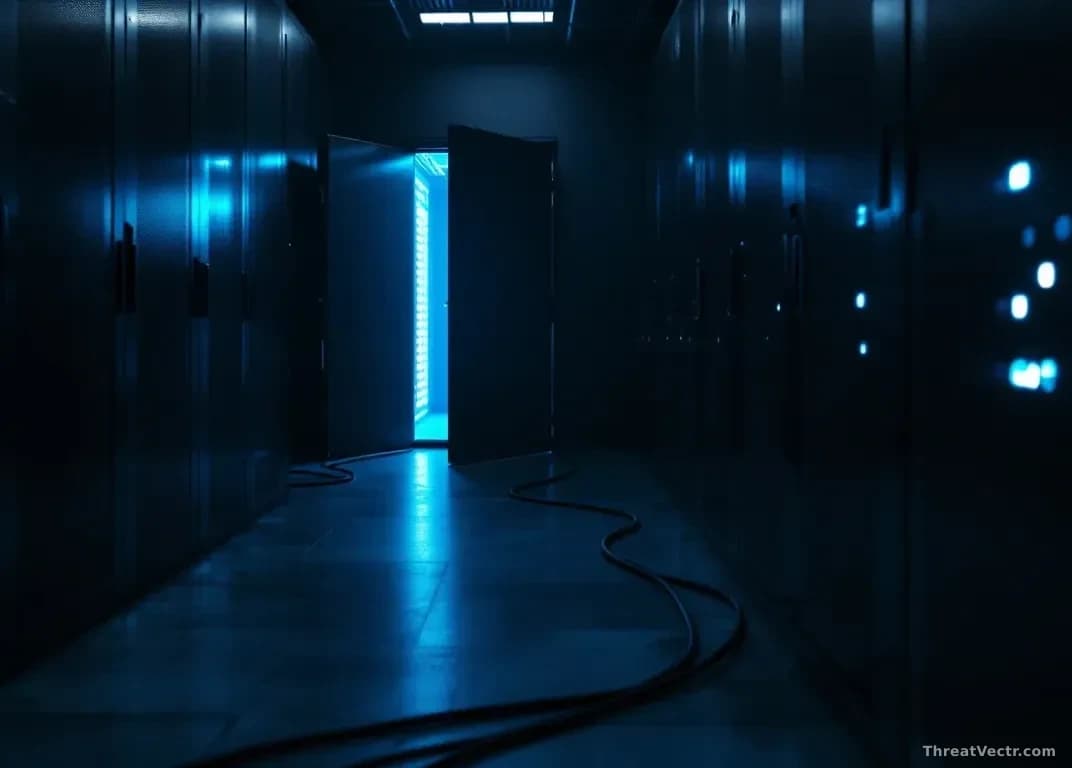 Full-frame 16:9 photoreal editorial shot of a dimly lit server room with one rack door left ajar, faint blue LED glow spilling out onto a concrete floor, cables