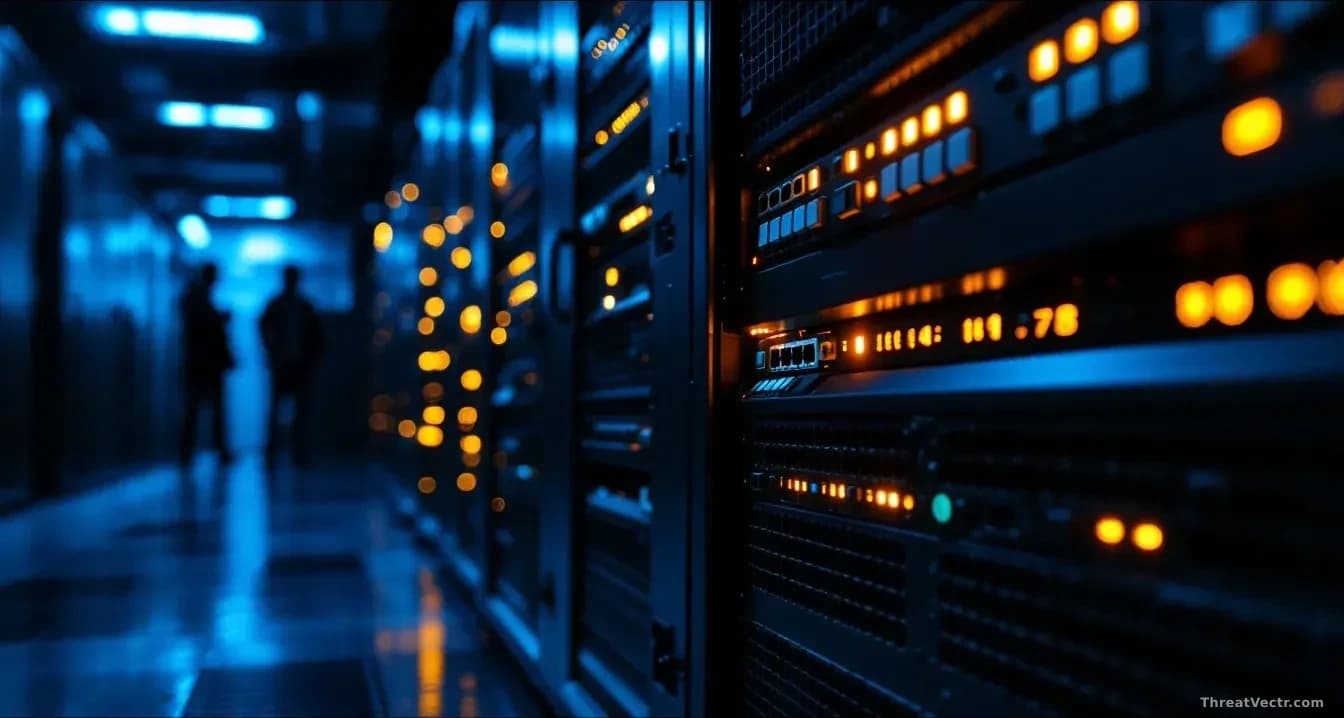 Full-frame edge-to-edge photoreal editorial shot of a dimly lit server rack in an industrial control room, focus on a network router with blinking amber LEDs, c