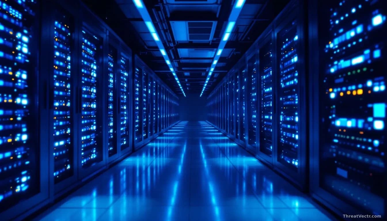 A close-up, editorial-style photograph of a illuminated server room corridor at night, shot in 16:9 framing