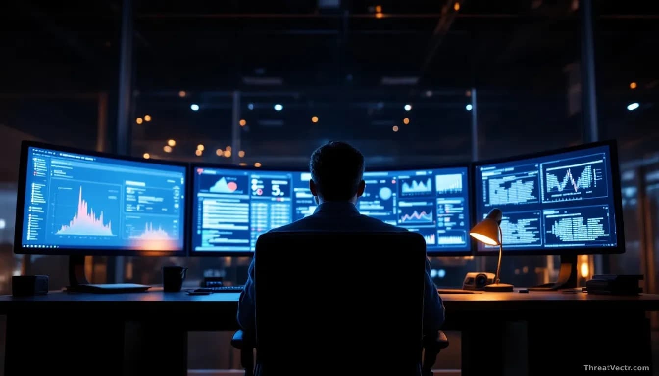A dimly lit modern security operations centre viewed from behind an empty analyst chair, multiple large curved monitors glowing with abstract log data and netwo