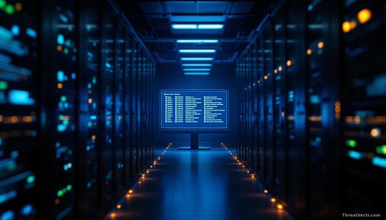 Full-frame photoreal editorial shot of a dark server room with a single glowing monitor in the middle distance displaying faint blue Windows-style directory lis