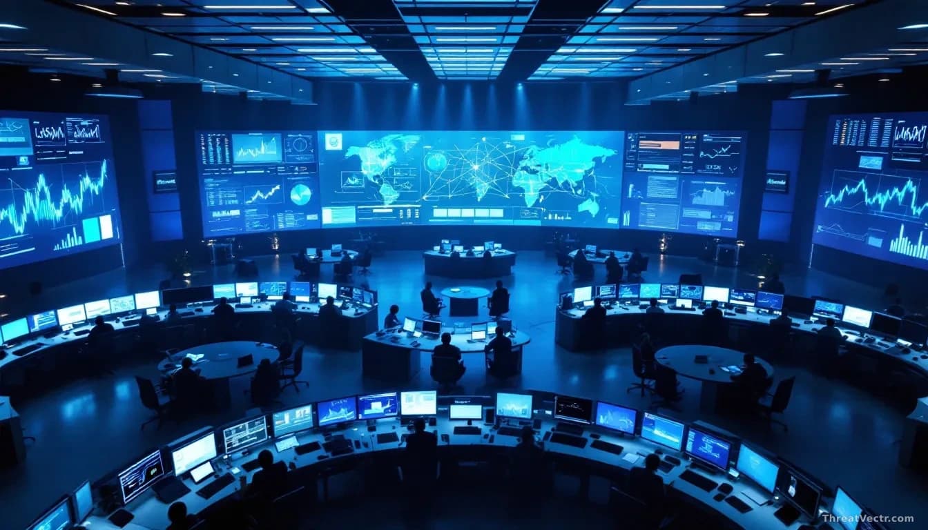 Aerial editorial photograph looking straight down at a large financial trading floor with rows of curved desks covered in monitors displaying abstract data char