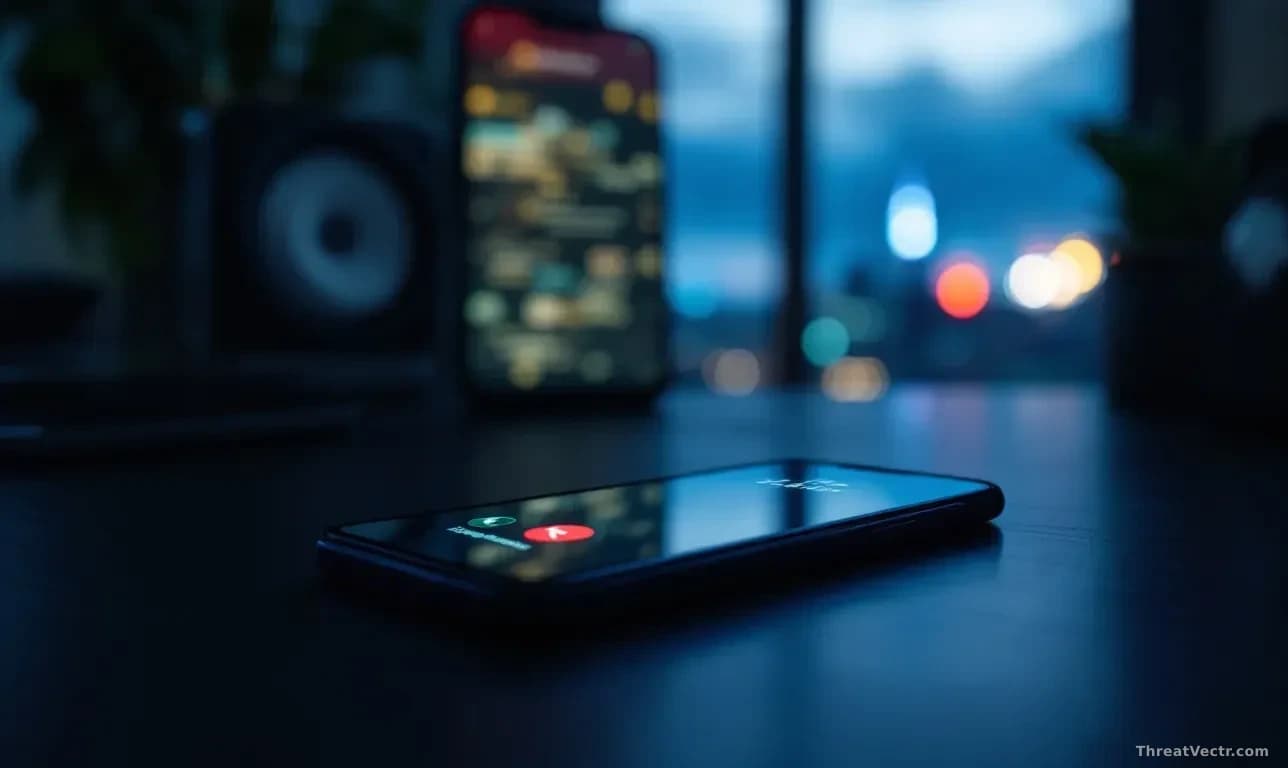 Full-frame photoreal editorial image of a modern smartphone lying face-up on a dark desk, screen showing a generic incoming call from an unknown number, soft bl