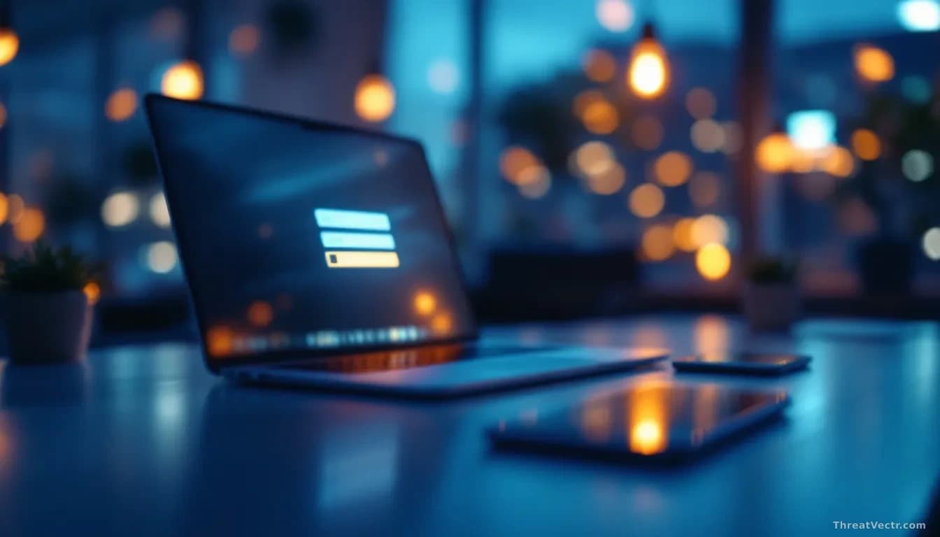 Full-frame edge-to-edge photoreal news-editorial image of a modern office desk at night, a laptop screen showing a blurred generic corporate login form and a ph