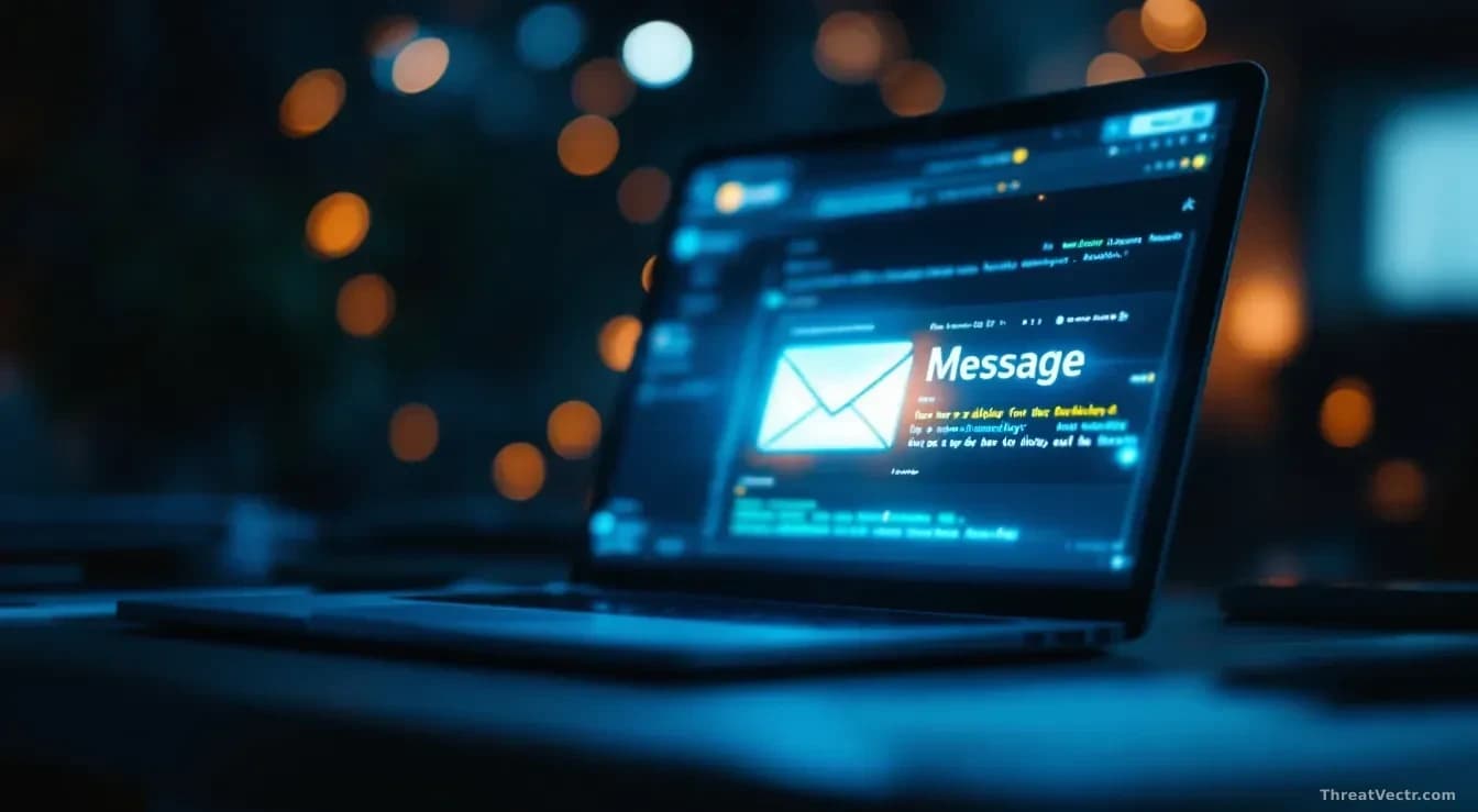 Full-frame photoreal editorial image of a dimly lit office desk at night, a laptop open showing a blurred generic email interface, a faint ghostly glow rising f