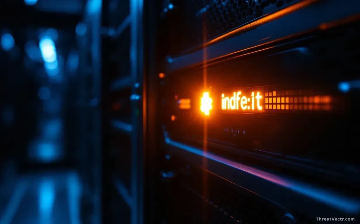 Photoreal editorial shot of a dimly lit server rack with a single glowing amber warning light, faint reflections of code on the metal, shallow depth of field, c