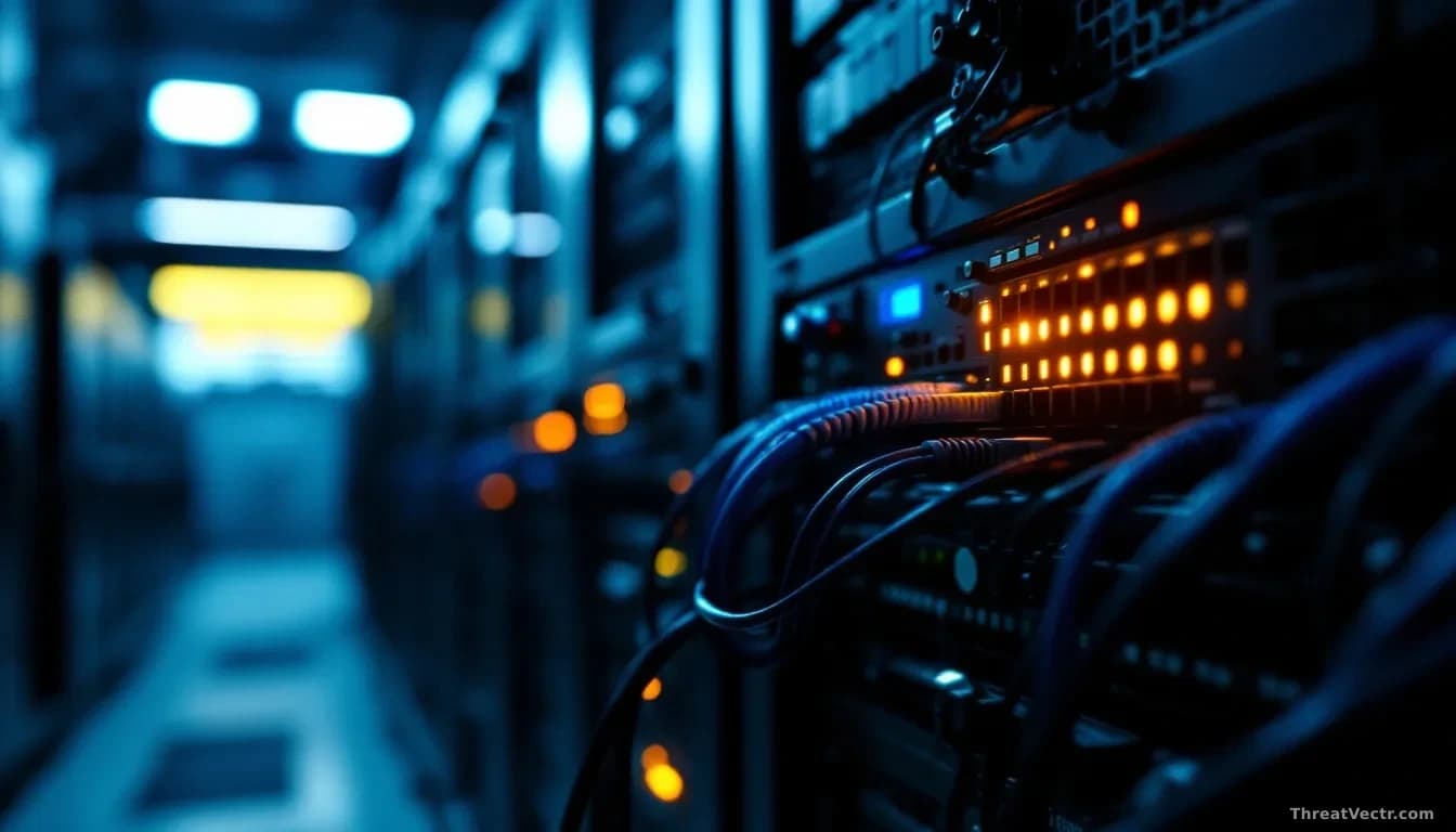 Full-frame photoreal editorial shot of a dimly lit server rack in a utility control room, focus on a network router with blinking amber status LEDs and tangled 