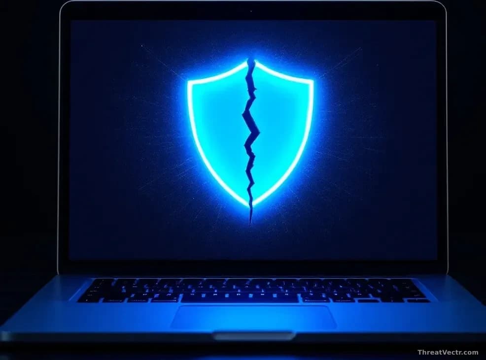 Full-frame 16:9 editorial photo of a modern silver laptop open on a dark wooden desk, screen glowing with an abstract soft-blue security shield graphic that app