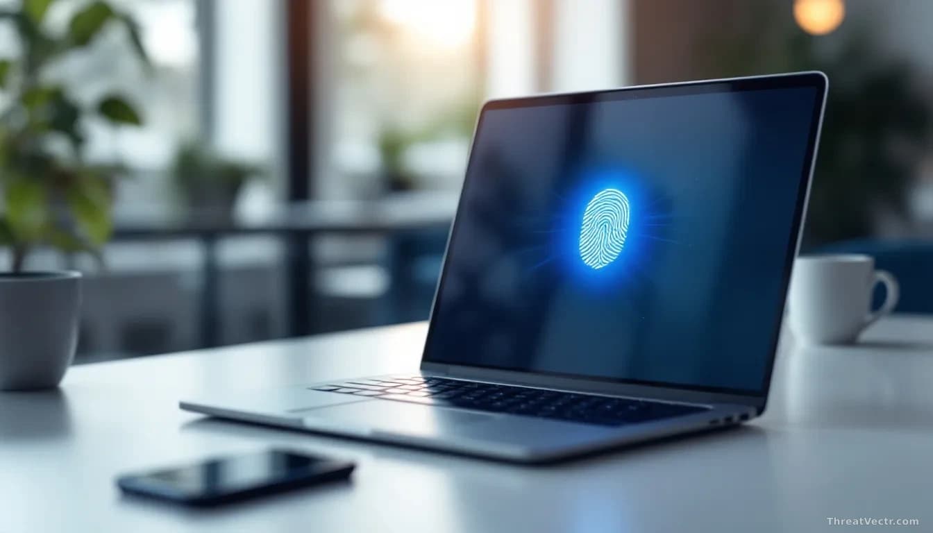Photoreal editorial shot of a modern laptop on a clean office desk, its screen showing a soft blurred login prompt with a fingerprint-style glyph glowing in blu