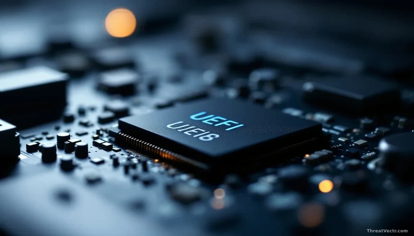 Full-frame close-up of a laptop motherboard during boot, faint blue glow from the UEFI firmware chip, soft shallow depth of field, dark technical mood, editoria