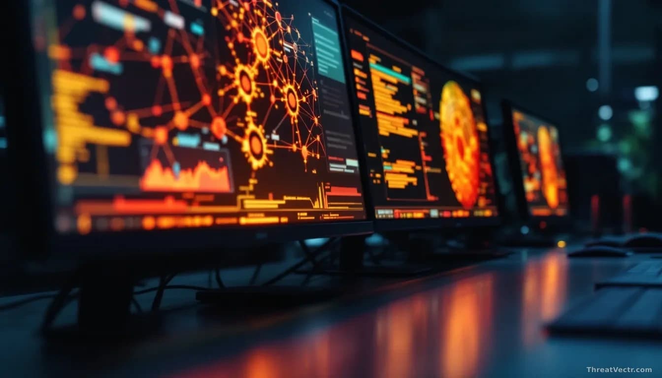 Full-frame photoreal news-editorial image of a dimly lit security operations centre at night, multiple monitors showing abstract network topology diagrams and c