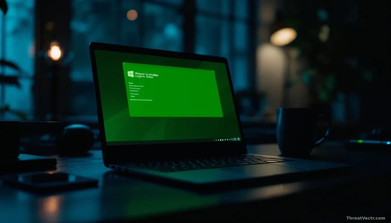 Full-frame photoreal editorial shot of a modern Windows laptop on a dark desk, screen glowing green with a generic abstract graphics-driver style installer wind