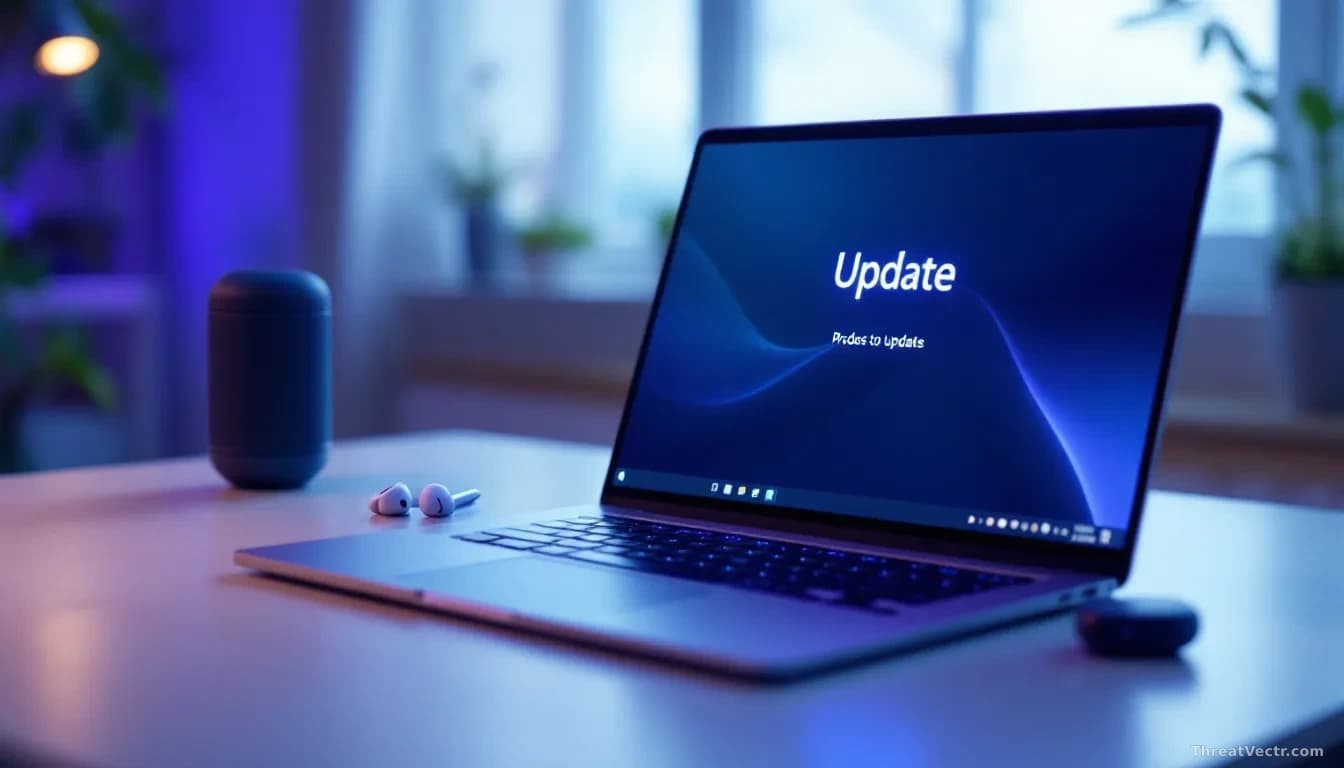 Photoreal news-editorial shot of a modern laptop on a clean desk showing a Windows-style update progress screen with a soft blue glow, wireless earbuds and a sm