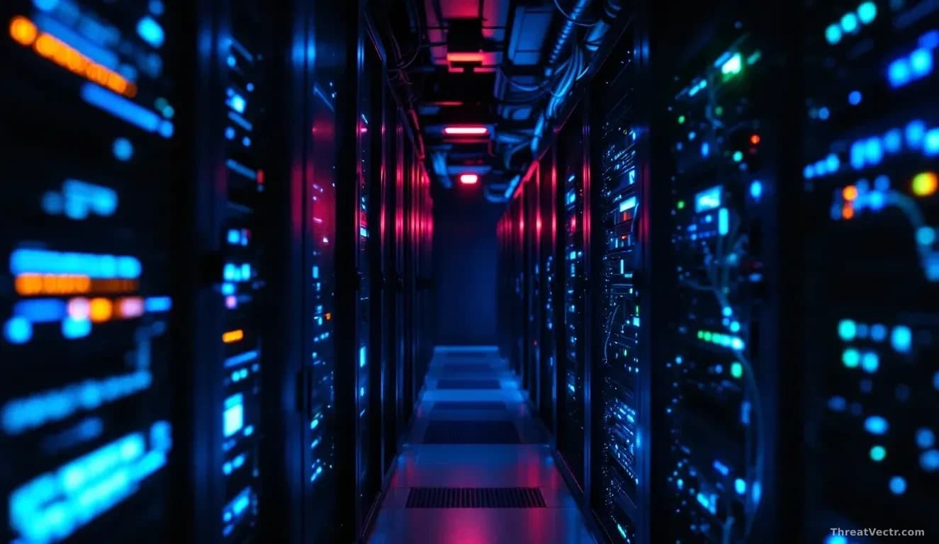 Full-frame edge-to-edge photoreal news-editorial image of a dimly lit server room with rows of humming rack-mounted servers, cold blue LEDs, tangled ethernet ca
