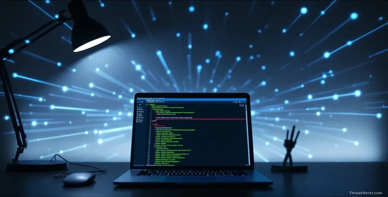 Photoreal editorial shot of a developer's darkened desk, an open laptop showing rows of green package names in a terminal, one line highlighted in red, faint bl