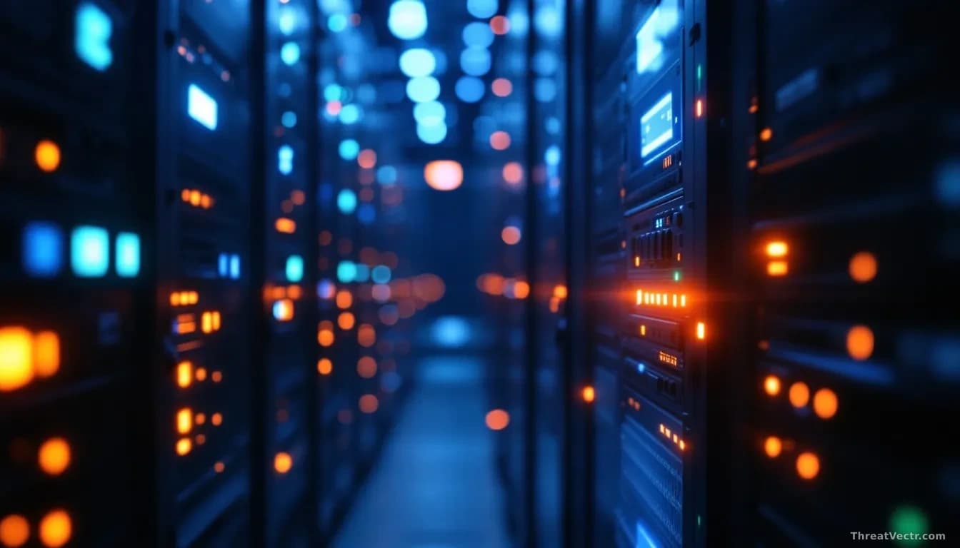 Full-frame photoreal editorial image of a dimly lit server rack in a corporate data centre, blue and amber status LEDs glowing, one server unit slightly pulled 