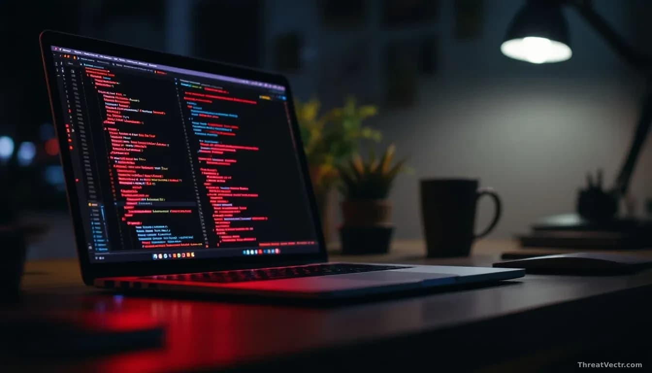 Photoreal editorial shot of a developer's dark home office desk at night, a laptop open showing an abstract code editor interface with warning-red highlights on