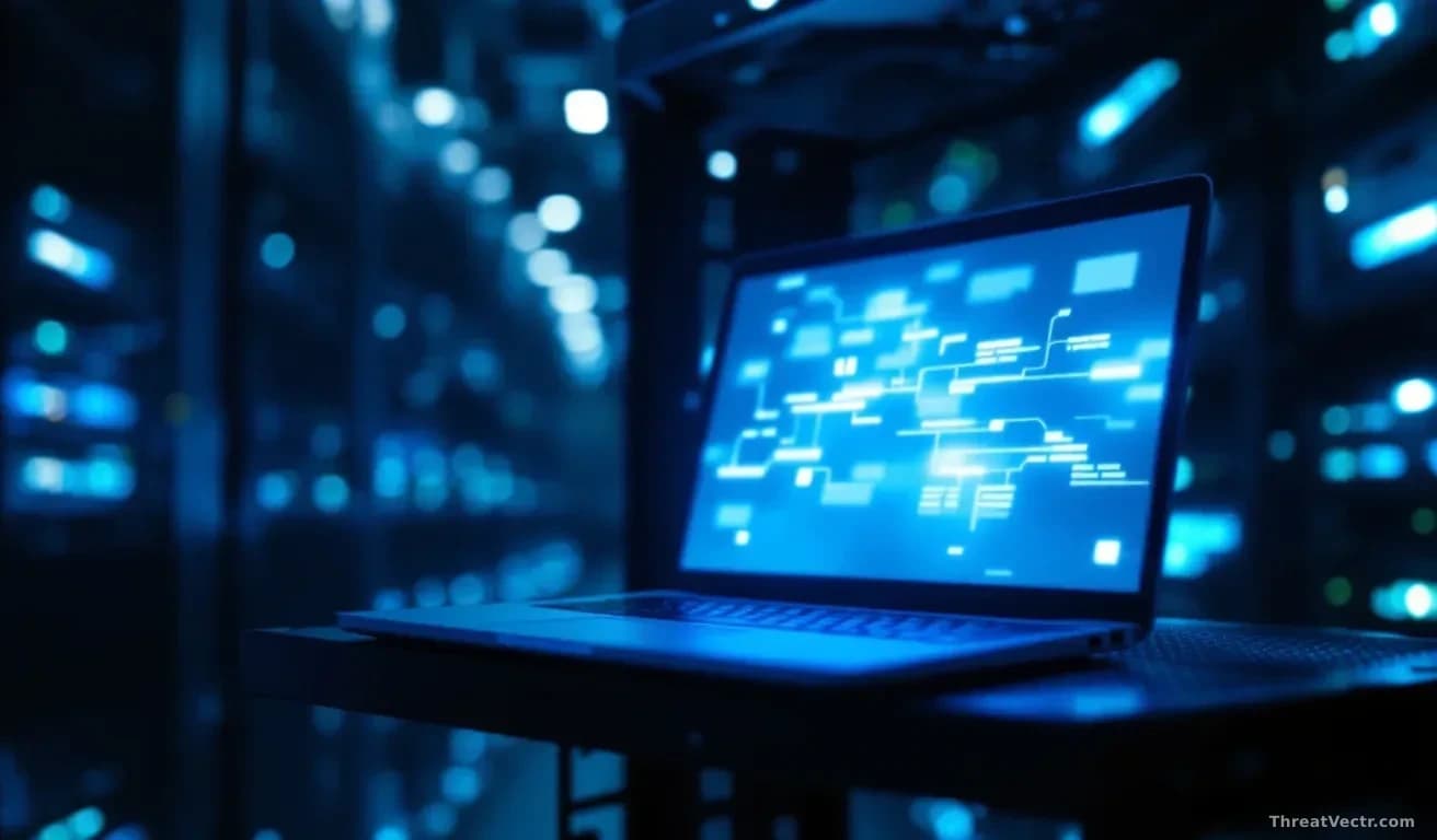 Photoreal news-editorial shot of a darkened server room with a single Windows laptop open on a rack shelf, screen glowing pale blue with abstract registry-tree 