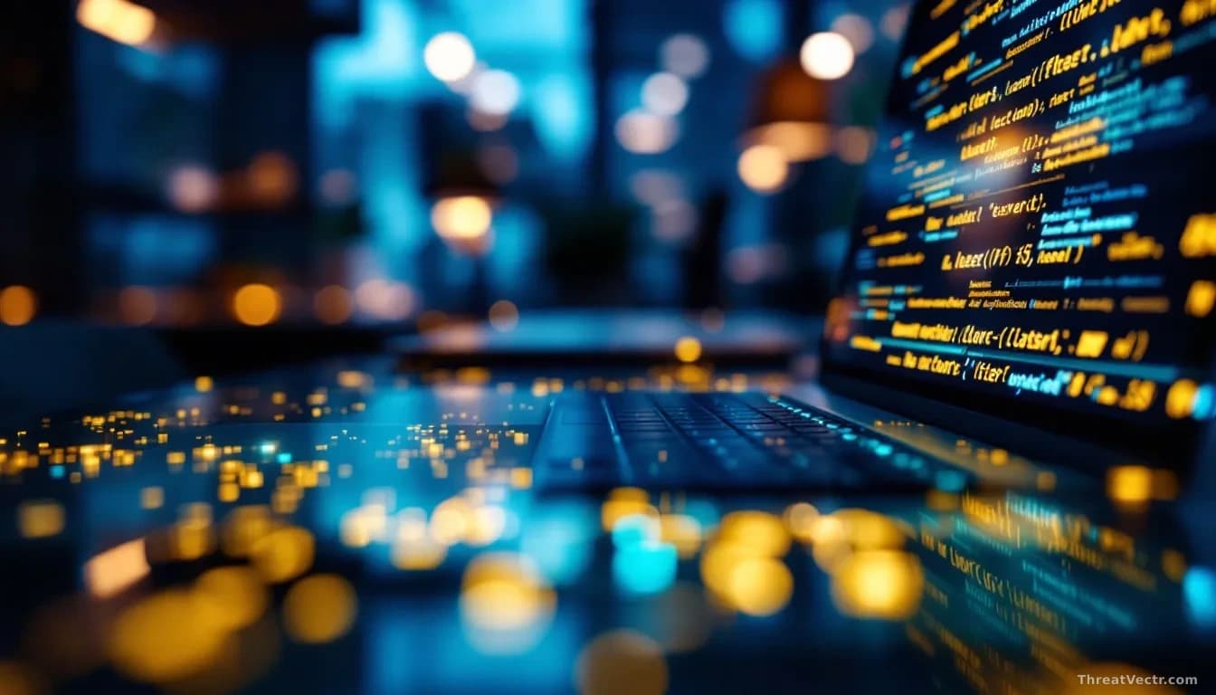 Full-frame photoreal editorial shot of a modern office desk at night, glow from a laptop screen showing abstract lines of pale code reflected on a glass surface