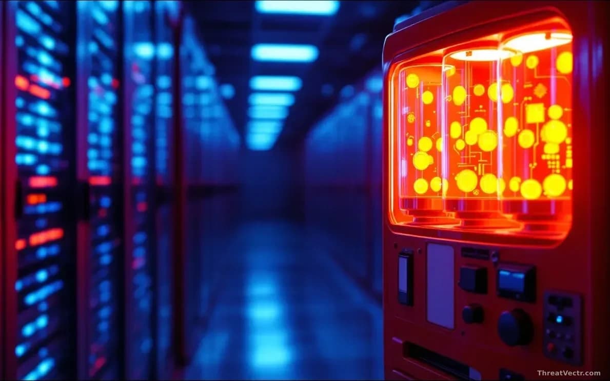 Photoreal editorial shot of a vintage red vending machine in a dim server room, glowing softly, dispensing translucent glass capsules that contain glowing circu