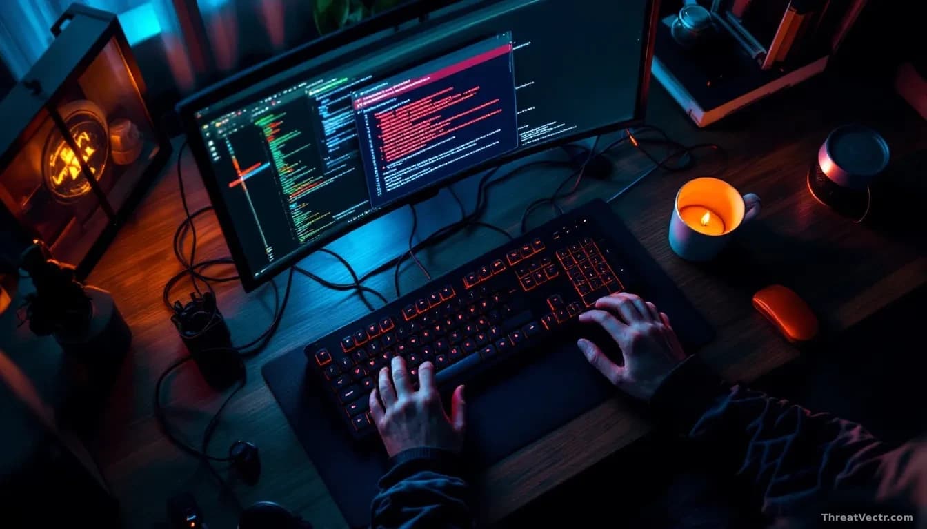 Full-frame overhead view of a developer's dark desk, glowing keyboard, terminal windows on a monitor showing package installation progress with faint red warnin
