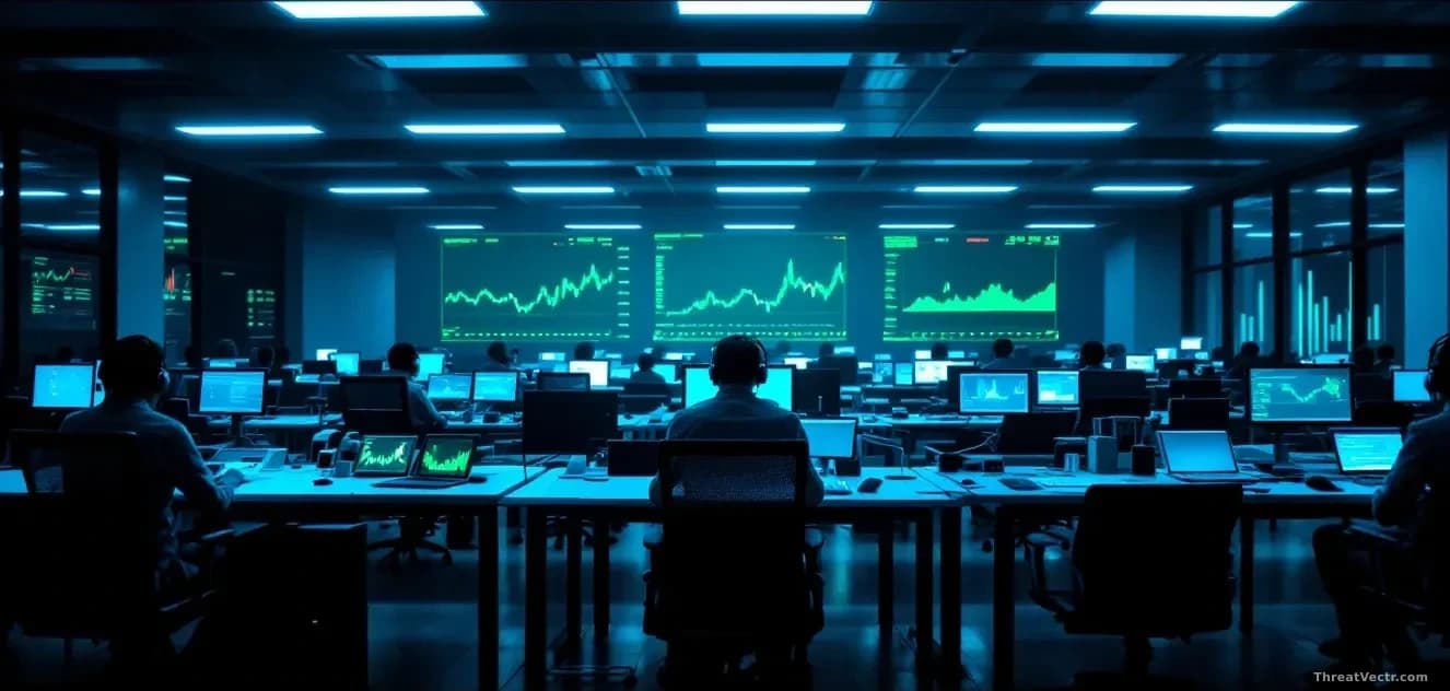 Photoreal editorial news image, 16:9 full-frame edge to edge, dimly lit anonymous open-plan office at night with rows of empty desks, headsets on desks and moni